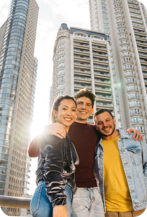 Friends in modern apartment city backdrop